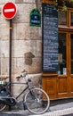 Bicycle stands on the corner of one of the streets of Paris.